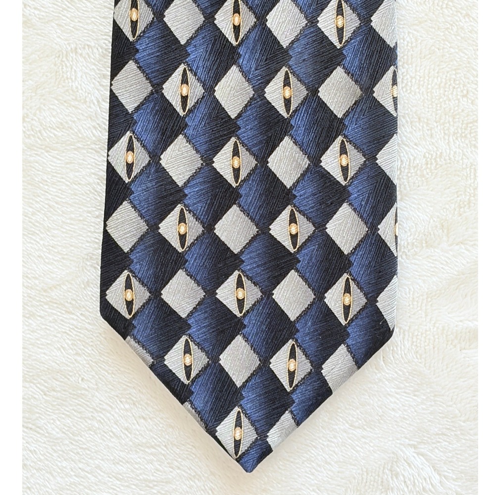 Antonia Collection Blue Silver Geometric Diamond Silk Necktie Mens OS Excellent